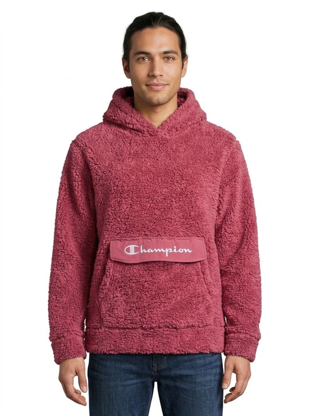 Champion Pink Sherpa Fleece Pullover Hooded Sweatshirt Men Size M